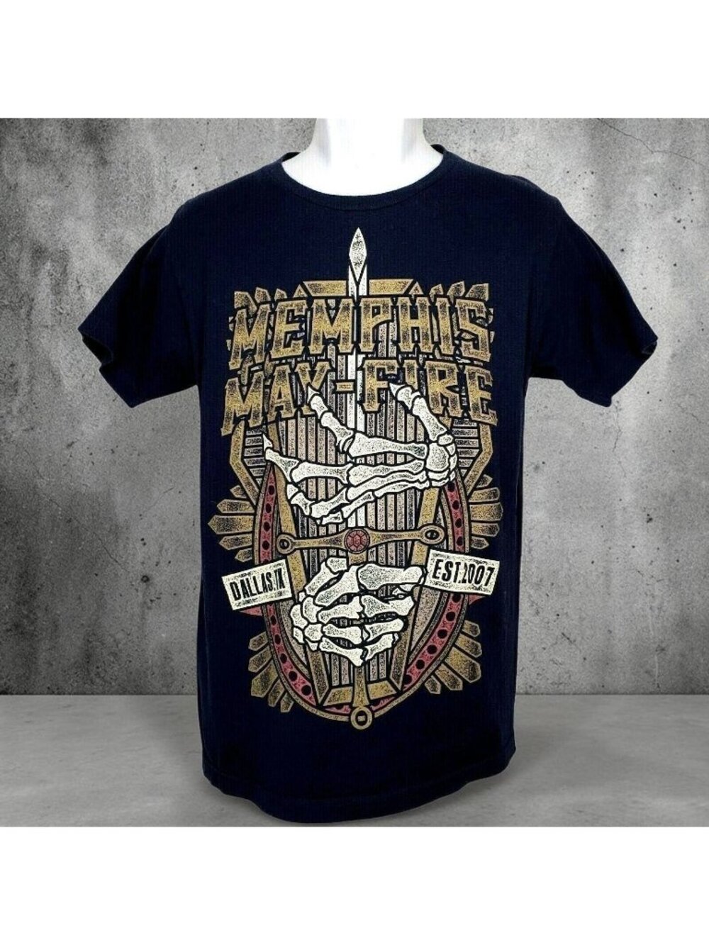 2007 Memphis May-Fair T Shirt Dallas Texas Skeleton Hands Navy Graphic Tee Med